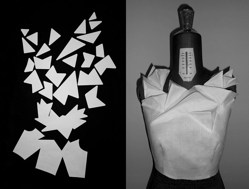 Bodice with polyhedrons at the neckline.