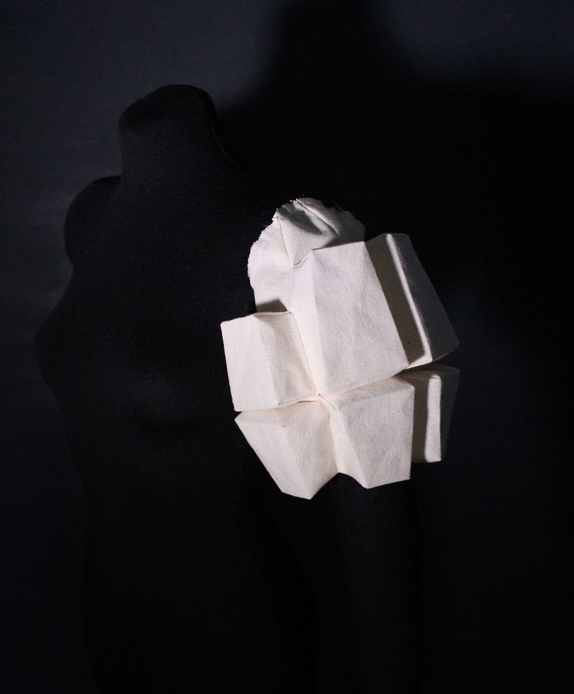 Sculptural sleeve with box shapes.