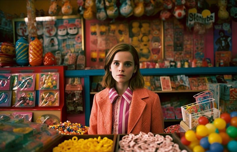 Scene from "Harry Potter" in the style of Wes Anderson.