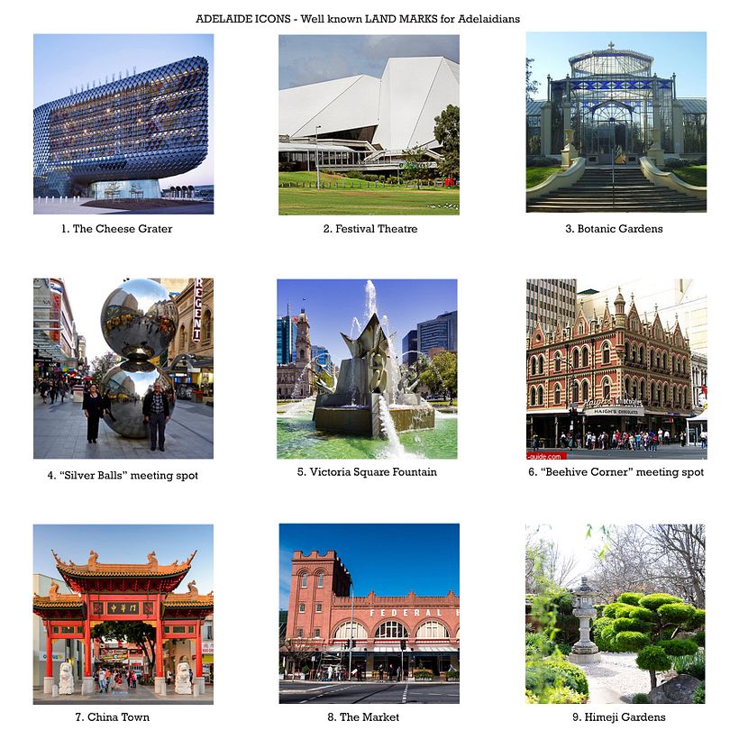 These are photos of my 9 Adelaide Icons, but I chose to do "the Cheesegrater" a modern building instead of 6. Beehive Corner