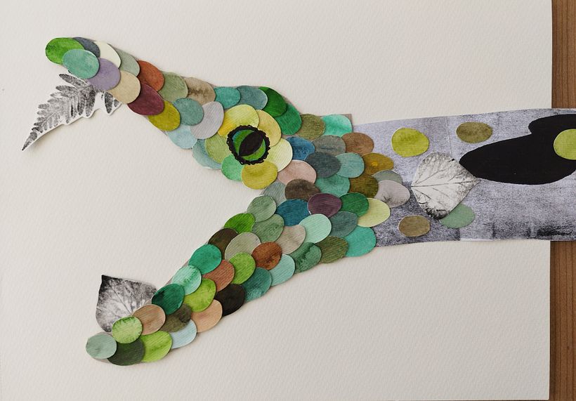 One day she met a 2 meters long anaconda. Her skin is a mix of monoprint and cut out shapes.