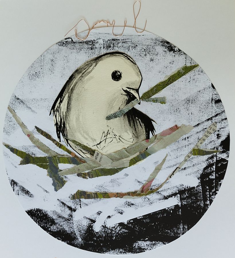 I made a collage using simple bird image, monoprint and newspaper bits.