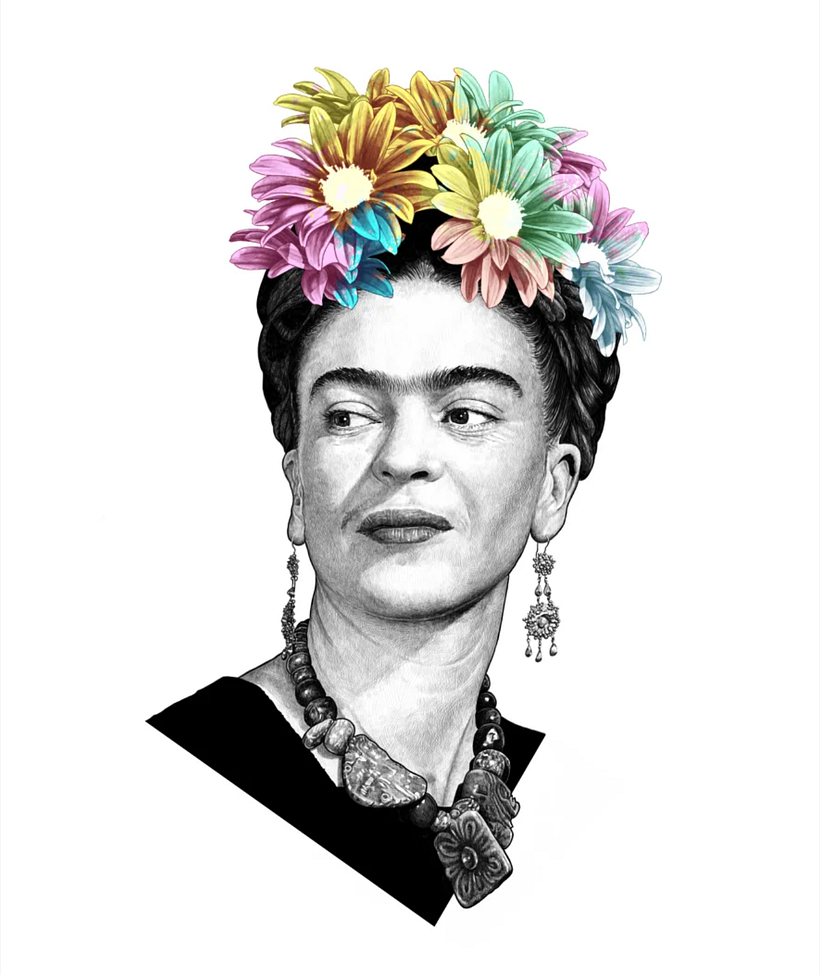 Rostro de Frida en blanco y negro y flores a color