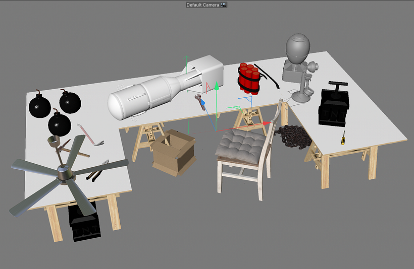 El taller. Estos objetos no los he modelado yo, la mayoría vienen con C4d, otros se pueden descargar gratis.