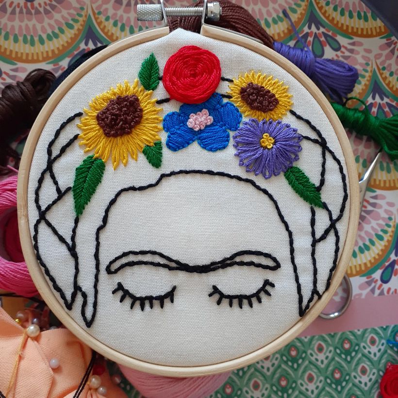 Basic embroidery techniques showcasing Frida Khalo by Meliza Mora
