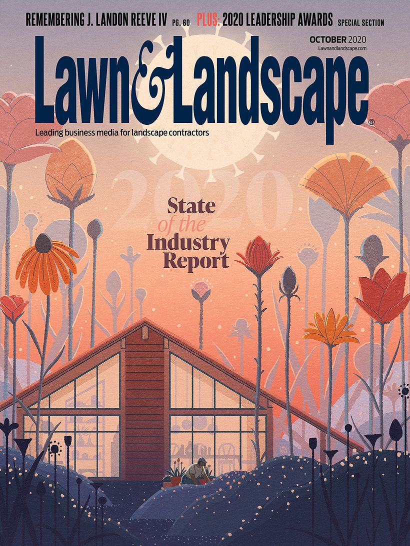 Cover and spot illustrations for Lawn & Landscape Magazine, on the landscaping industry in the time of COVID.