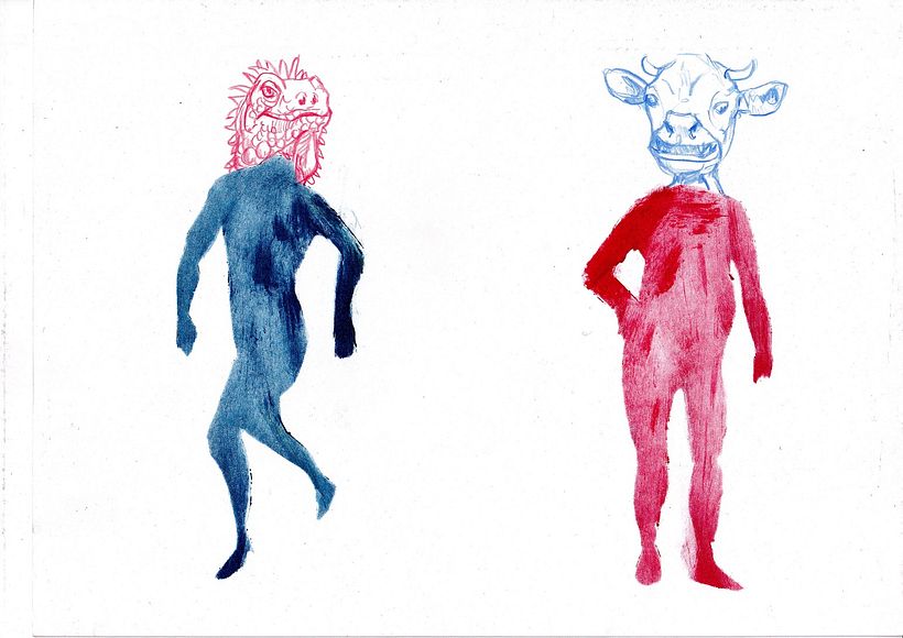 Criaturas fantásticas. Combinando óleo en papel y lápiz.