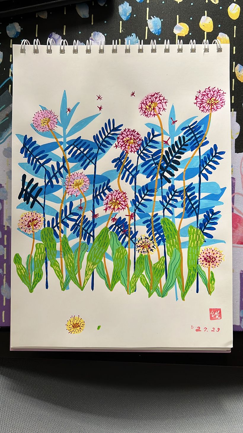 Drawing of dandelions and weeds in shades of blue and pink and green
