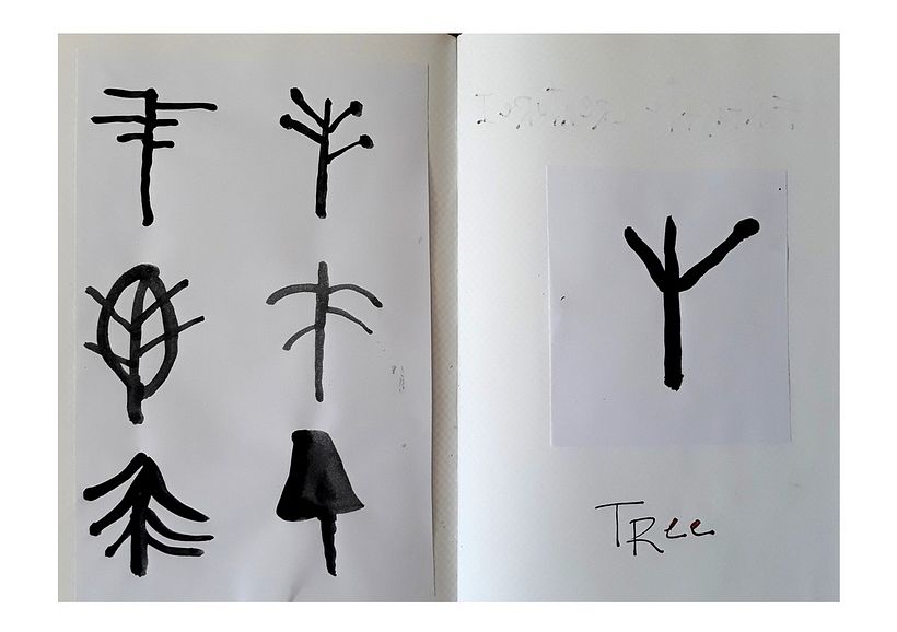 India ink drawings showing graphic symbols for a TREE