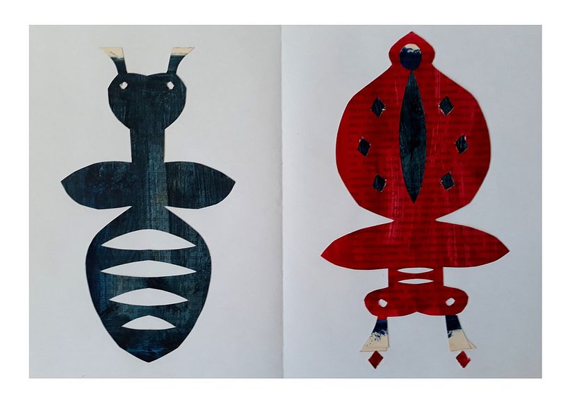 Insects cut out of painted paper. In the right one I overlaid the red over the dark blue