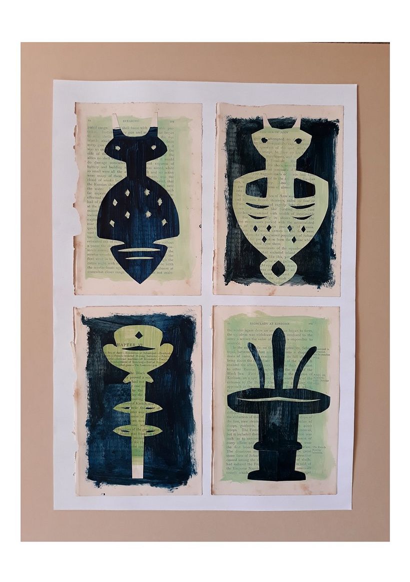 Design for a garden, showing insects and a flower and a fountain (cut paper stuck on painted old book page)