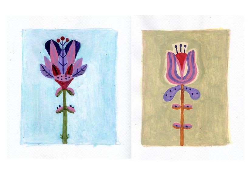 Flowers - acrylic paint on non-soluble wax crayon covered with thin white acrylic