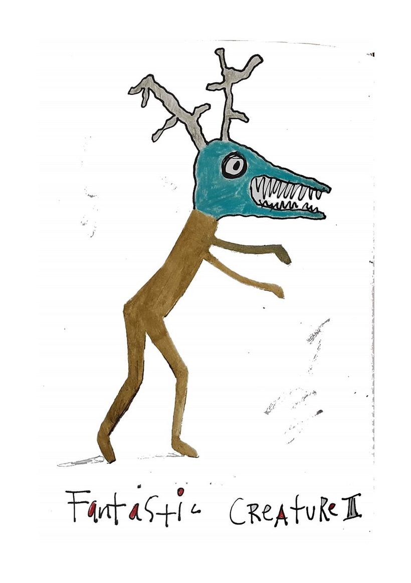 I cut a stencil, then painted the body using it. I then added the head with ink and crayons