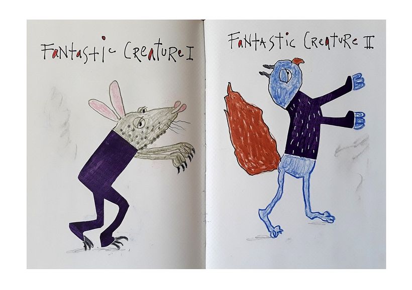 I cut a silhouette of a body (dark purple), then cut it in half, and made 2 creatures with crayons and ink