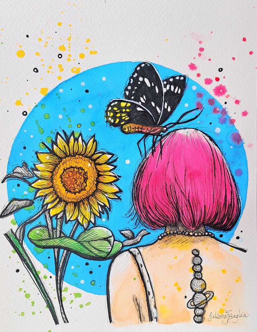 Girl, sunflower and butterfly
