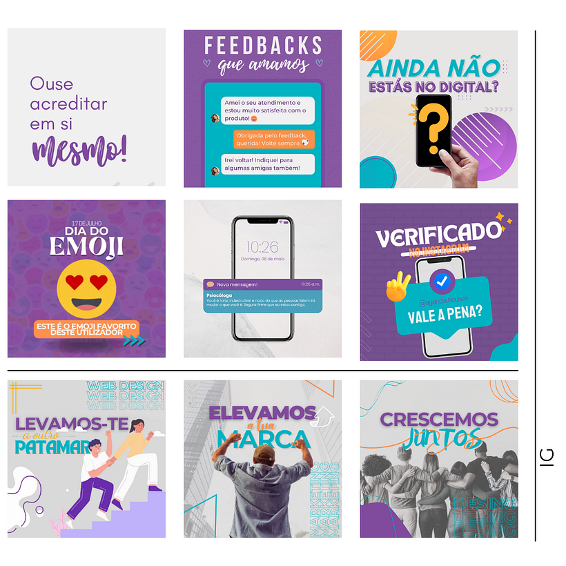 Simulação do feed do meu instagram. Utilizamos as cores da nossa marca e designs simples porém bonitos para um feed homogênio