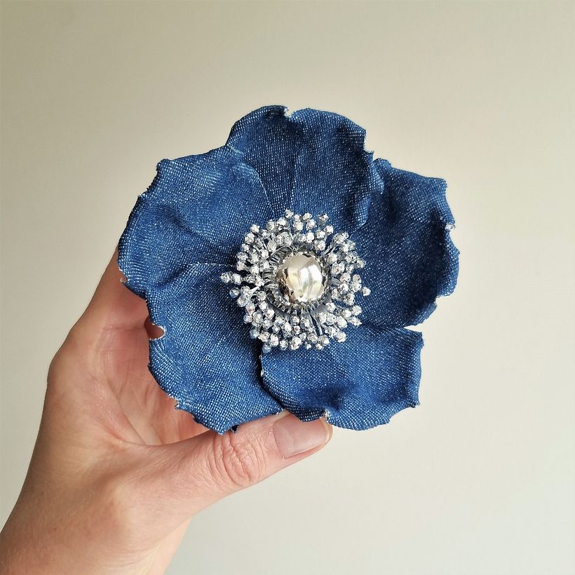 Denim and Silver Wild Rose Brooch 2