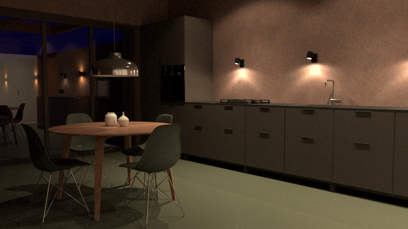 Cocina con iluminación con luces ies, se trató de tener colores calidos