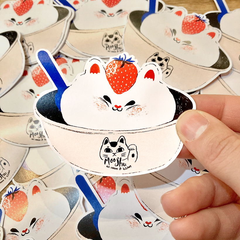 Sticker for Moo Shu Ice Cream & Kitchen in Ottawa, Canada. Design was inspired by my cat, Mochi and strawberry ice cream.
