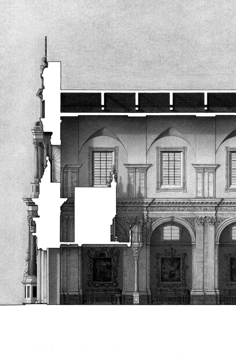 Dettaglio sezione della Cattedrale di Catania, grafite su carta, 2023
