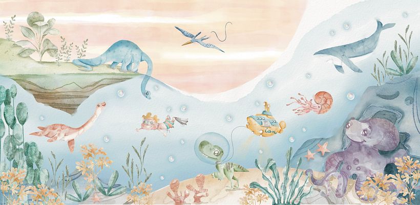 Arte produzida para papel de parede em quarto de criança. Arte autorial e exclusiva para cliente. Produzida no Procreate.