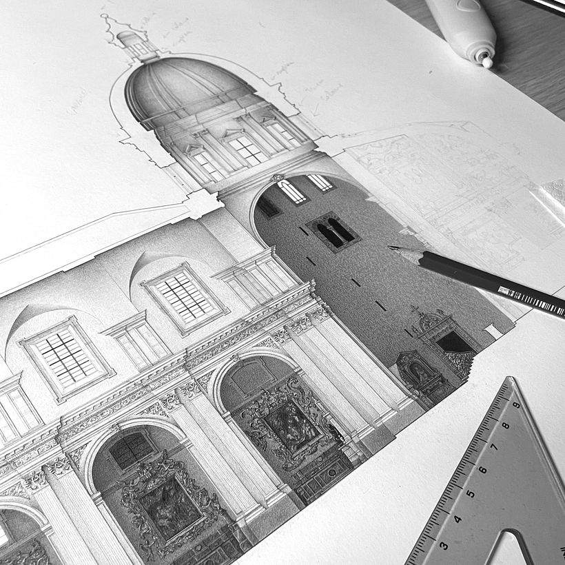 Esecuzione sezione longitudinale Cattedrale di Catania, grafite su carta, 2023