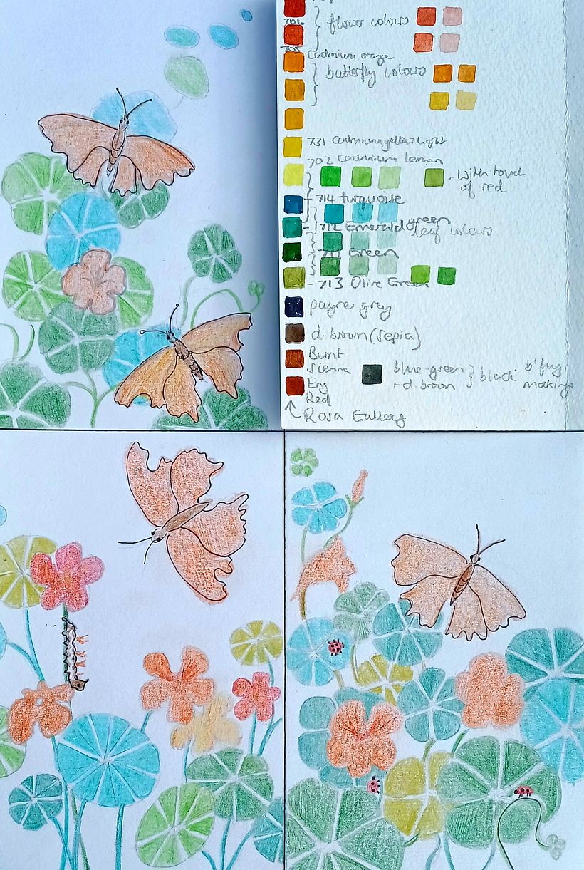 Thumbnail sketches using pen and pencil crayon.  Plus a colour swatch
