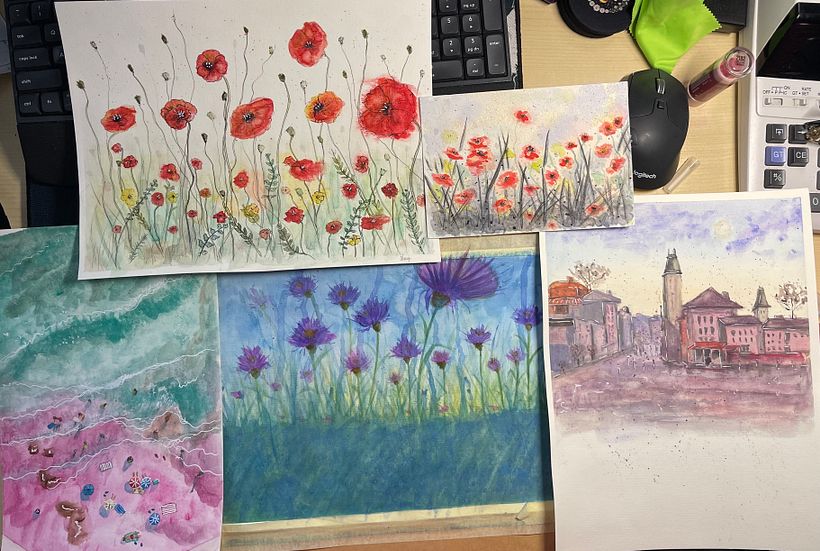 These are recent experimental watercolor projects (with a few mixed media aspects).