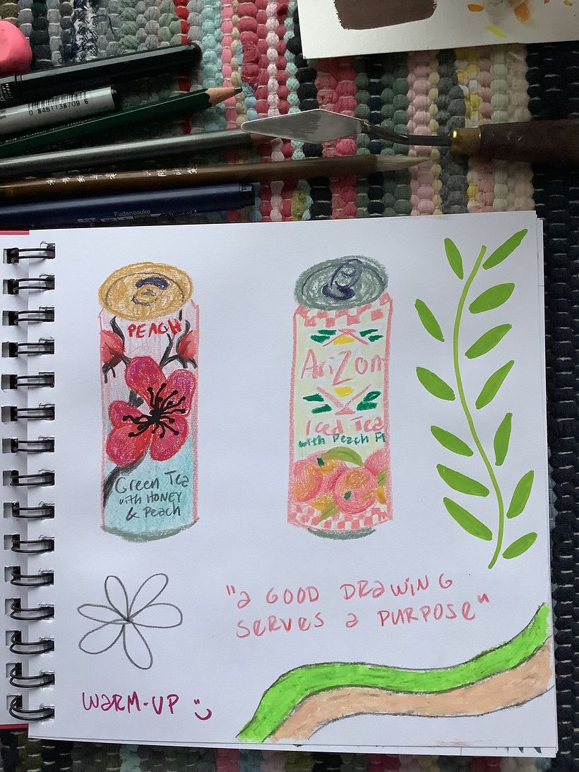 Warm up observation drawing, with a quote from Sarah and some doodles to fill out the page