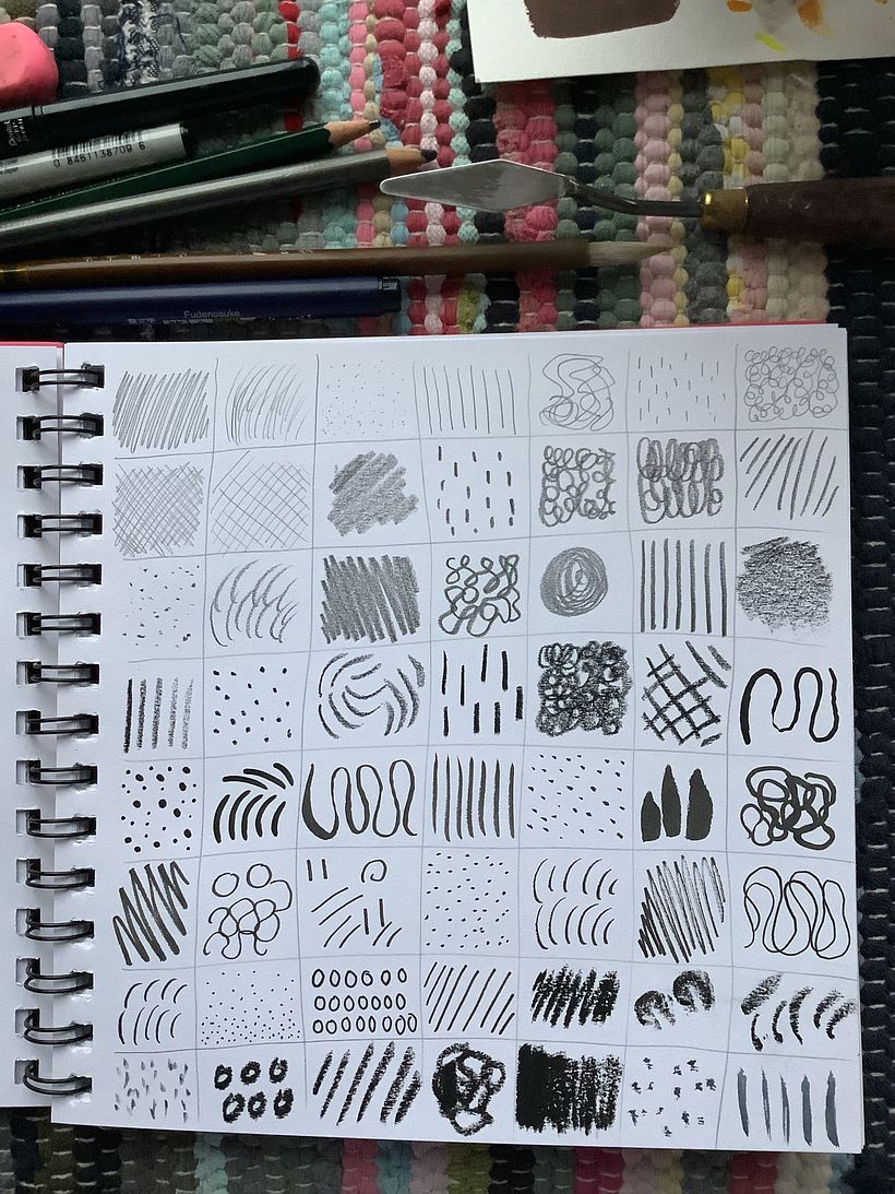 Mark making with different pencils, pens and crayons