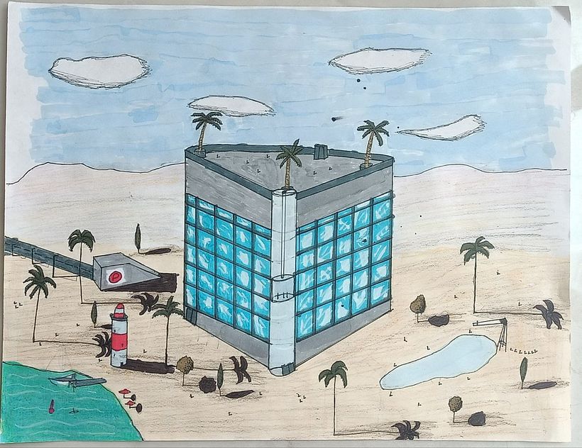 Mi proyecto del curso:  Hotel cerca del mar y con un faro a un lado.  Tengo 12 años y me gusta el dibujo arquitectónico