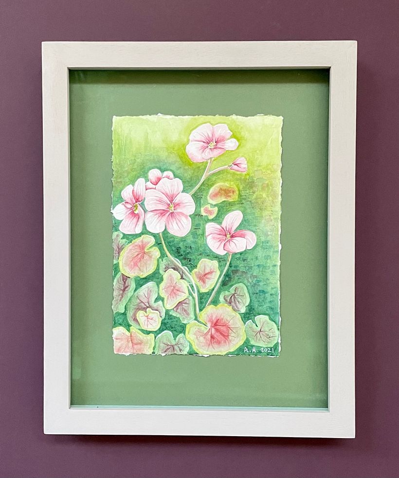 My final project for a negative watercolour technique course, framed in my own choice of colours.