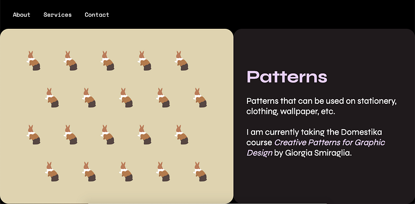Charlotte van Noort's services page for "HTML, CSS, and Javascript for Beginners" course (Unit 3) showing an example pattern