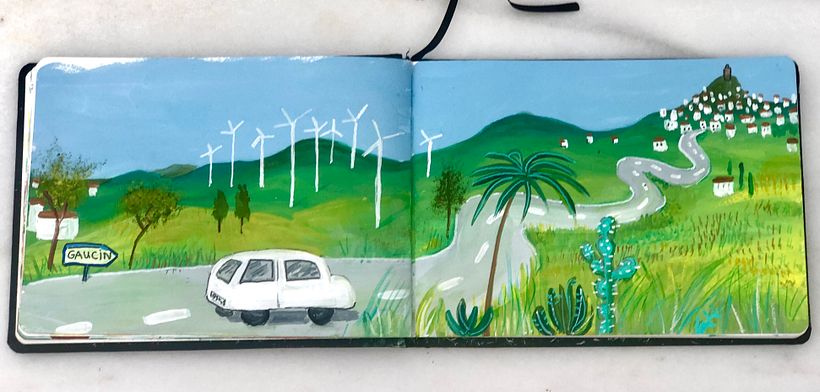 Here I have illustrated the small mountain road that winds up to GAUCÍN, the small white village where I live.