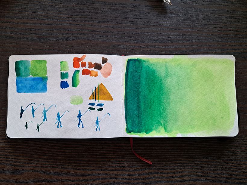 Deciding on colors and sketches of a fisherman figure