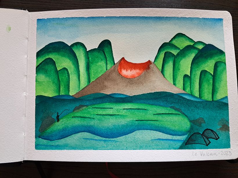 The final sketchbook painting including the fisherman and tents next to the lake