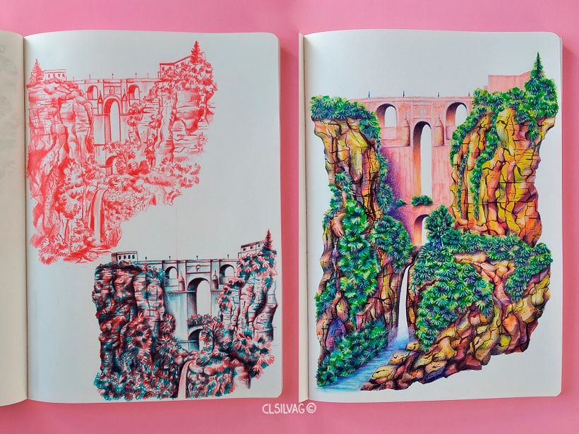 Lado izq.: Monotono y Duotono con lápices de colores. Lado der.: Rotuladores con lápices Cuaderno Fabriano EcoQua, tamaño A4.