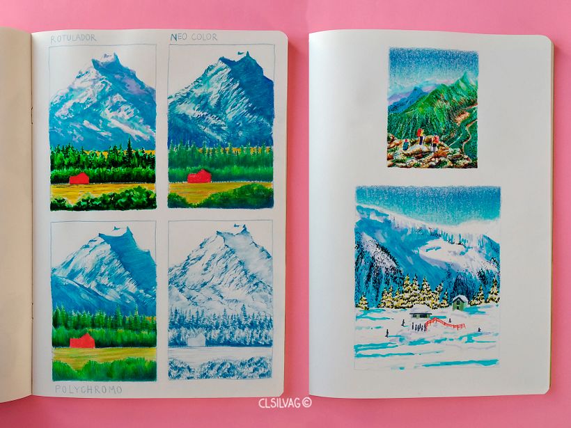 Lado izq.: Ejercicio prueba de materiales. Lado der.: Neocolor para los cielos. Cuaderno Fabriano EcoQua, tamaño A4.