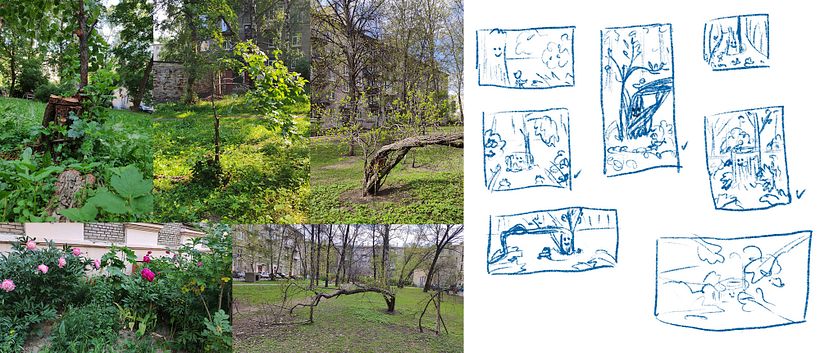 I had one beautiful but broken tree nearby, with a very will to live. Nature is very inspiring, and I decided to draw it.