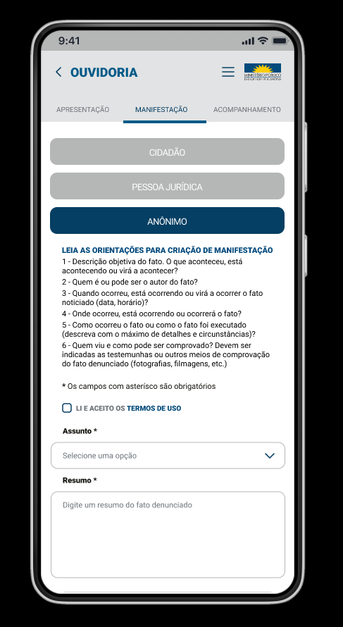 TELA DE MANIFESTAÇÃO NA OUVIDORIA APP MPTO CIDADÃO