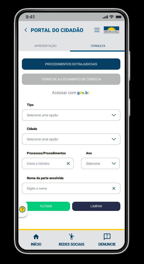 TELA PORTAL DO CIDADÃO APP MPTO CIDADÃO