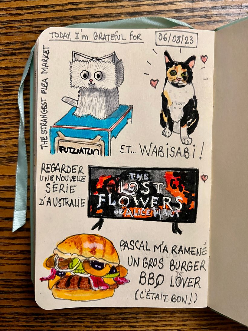 I brushed the kittens after touring The Strangest Flea Market, watched The Lost Flowers of Alice Hart, had a burger.