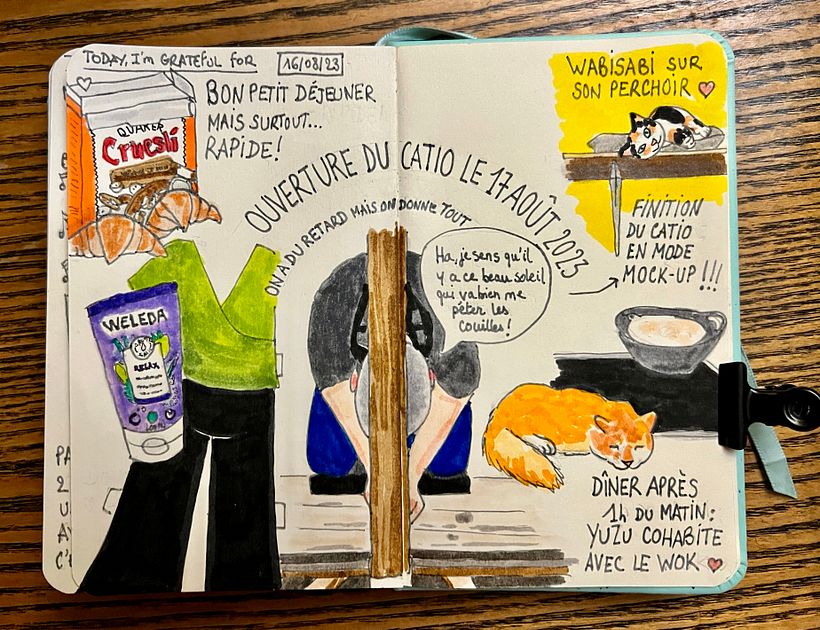 We worked a lot on the catio as it was the kittens birthday eve ! It was also the last pages of my 4th Carnet de gratitude <3