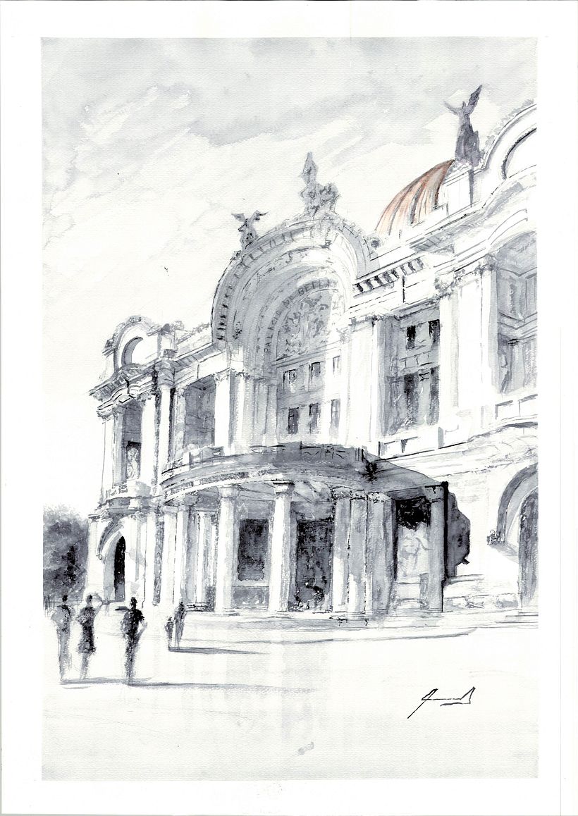 Acuarela del Museo de Bellas Artes en la Ciudad de México