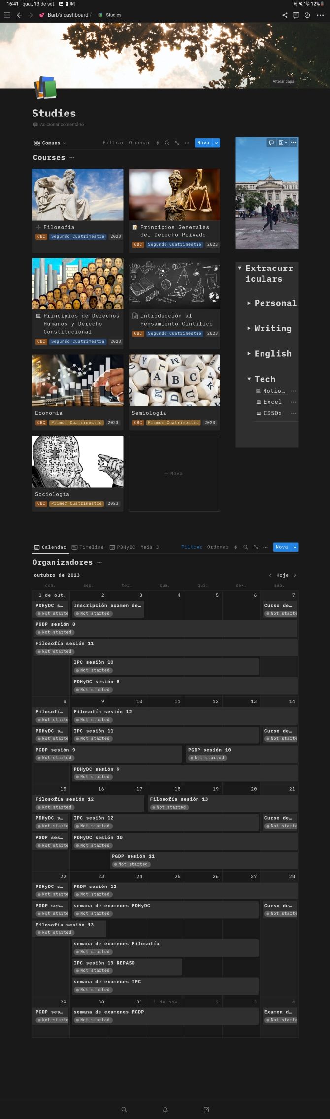 Página dedicada aos estudos (organização do calendário, dos conteúdos das matérias e de estudos extracurriculares)