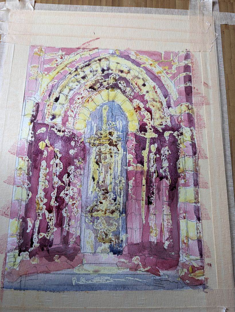 Lots of masking fluid was used. I went a little overboard and lost a bit of detail I was going to use.