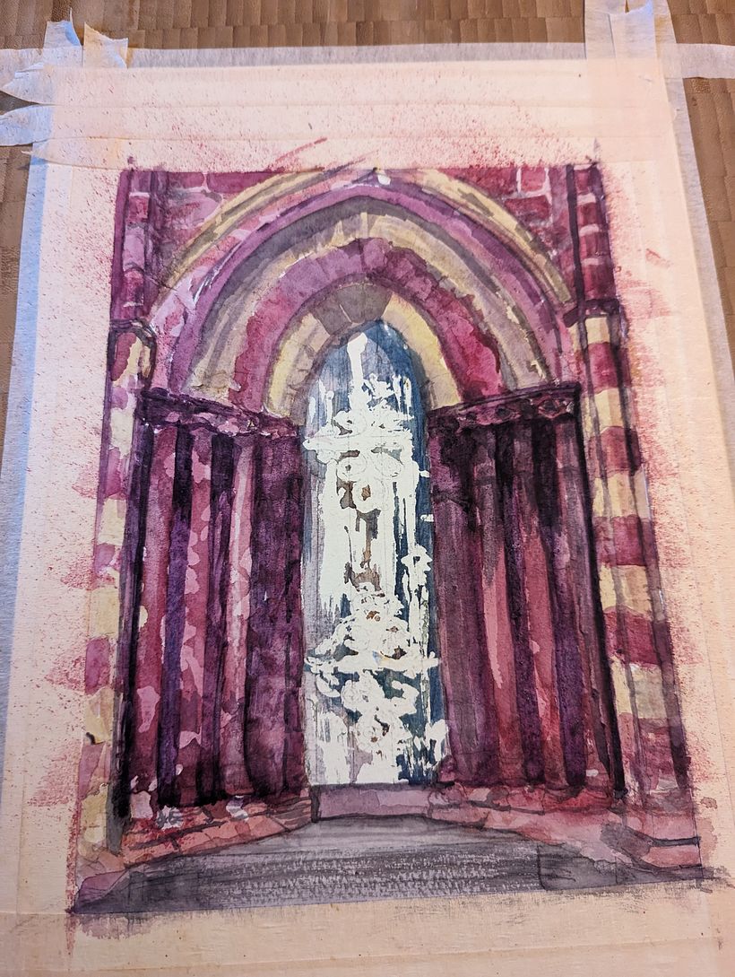 Removed the masking fluid and applied a wash to all but the door