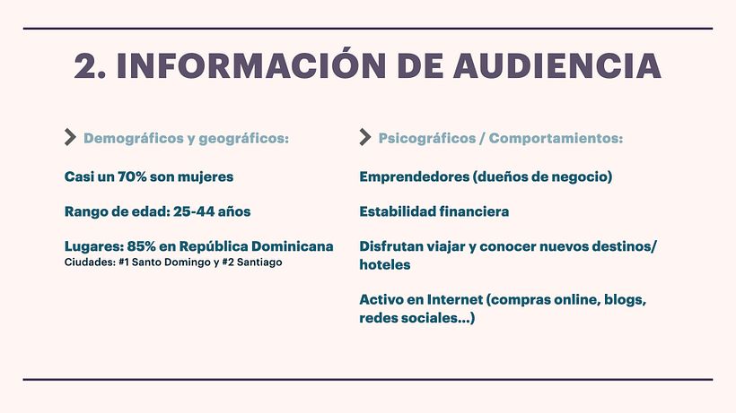 Análisis de la audiencia según estadísticas de Instagram y conocimiento de los clientes actuales.