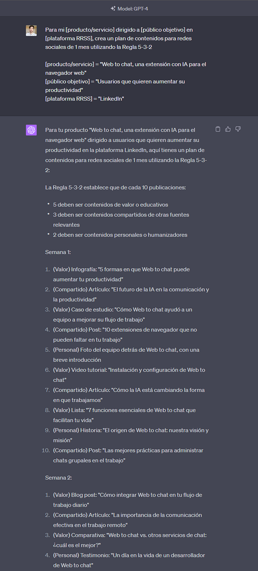 Prompt: Estrategia de contenidos 5-3-2 4