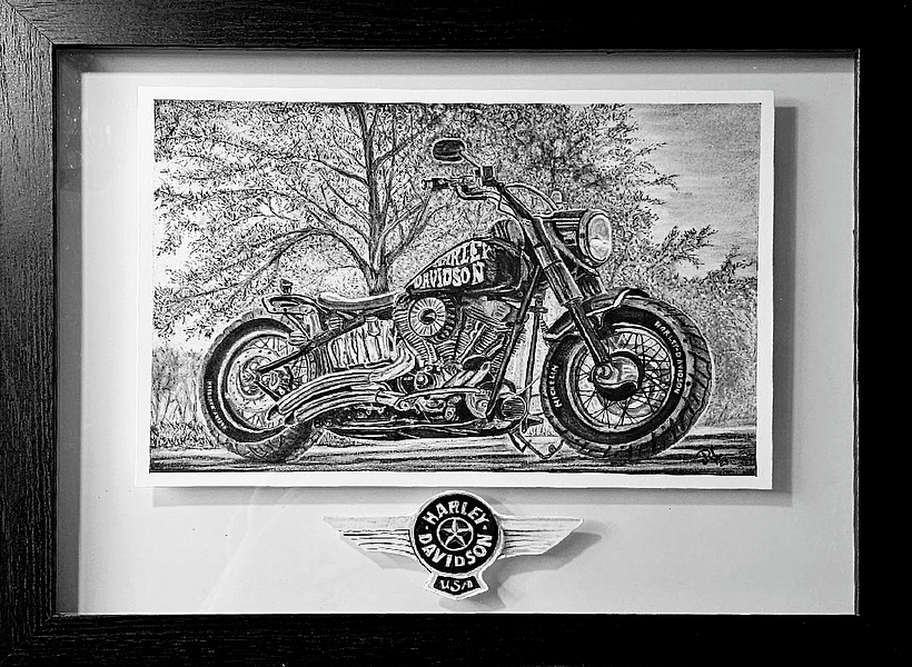 HARLEY DAVIDSON IS 7.25 X 10.75, EMBLEM IS 4.5 X 2 ALL IN CHARCOAL PENCIL BRISTOL VELLUM